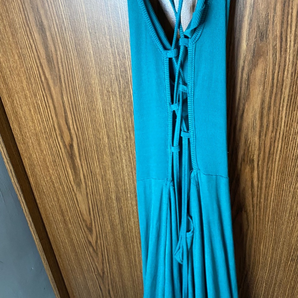 Niay Ribbed Wide Leg Jumpsuit Womens L Teal Cowl Neck Lace Up Back Slit - Picture 2 of 8